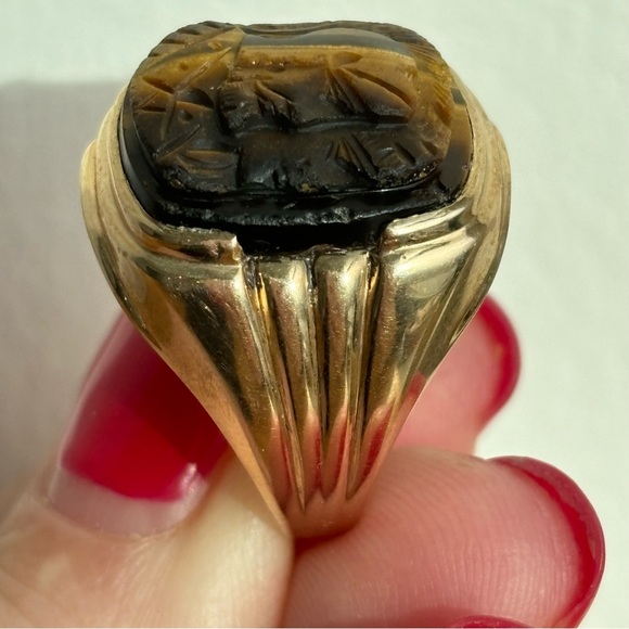 Vintage Estate Men's 10k Yellow Gold Tiger's Eye Cameo Ring Sz 8.75 - Picture 16 of 16